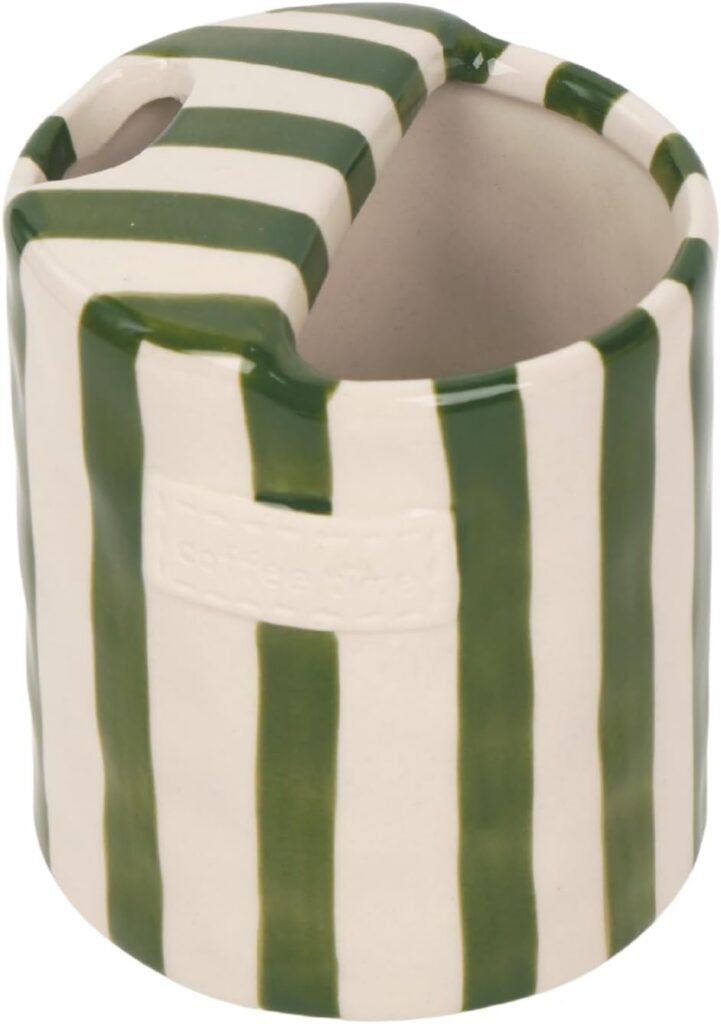 Green and white striped ceramic coffee mug for slow morning coffee ritual gift for coffee lovers