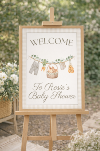 Printable baby shower welcome sign on wooden easel with cottagecore botanical illustrations — editable Canva template instant download