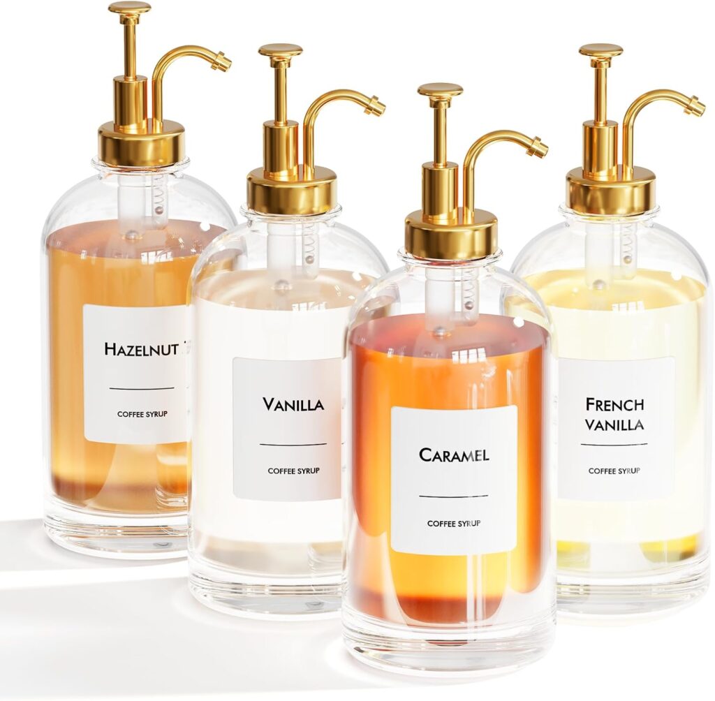 Amber glass coffee syrup dispensers with pump tops for flavored vanilla caramel and hazelnut coffee at home