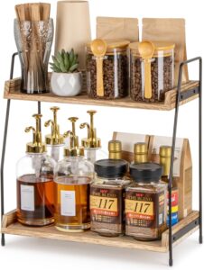 Tiered wooden countertop coffee station organizer with three shelves for home coffee bar