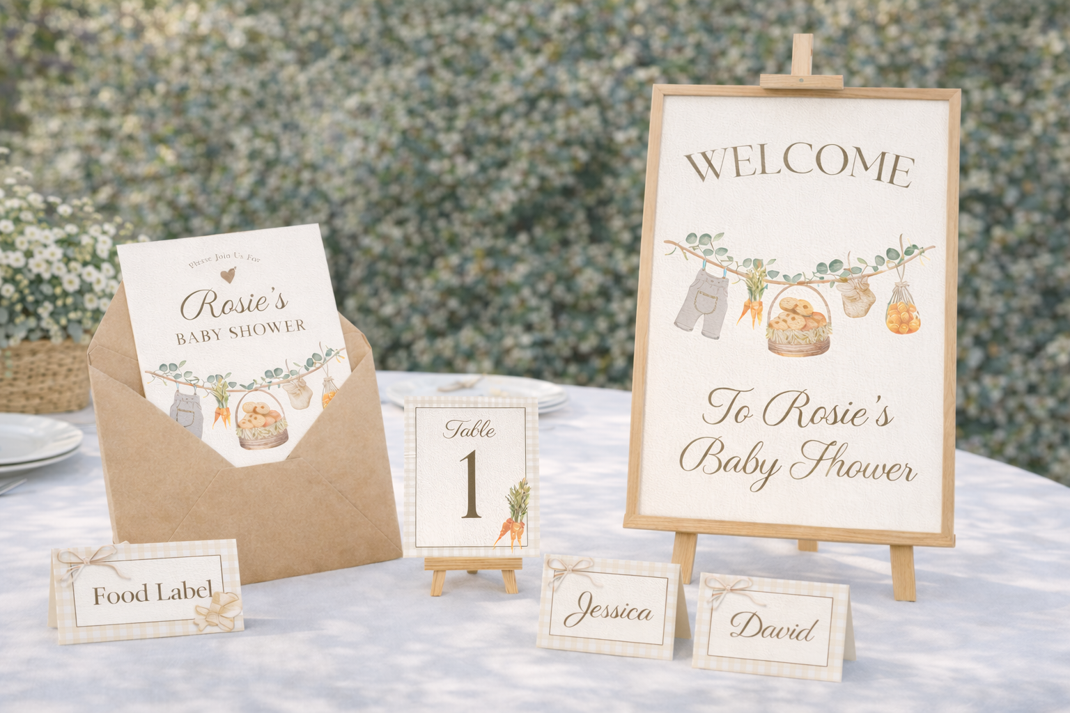 Cottage core baby shower printables bundle displayed on a table — invitation, welcome sign, table number, place cards and food labels in earthy gingham design