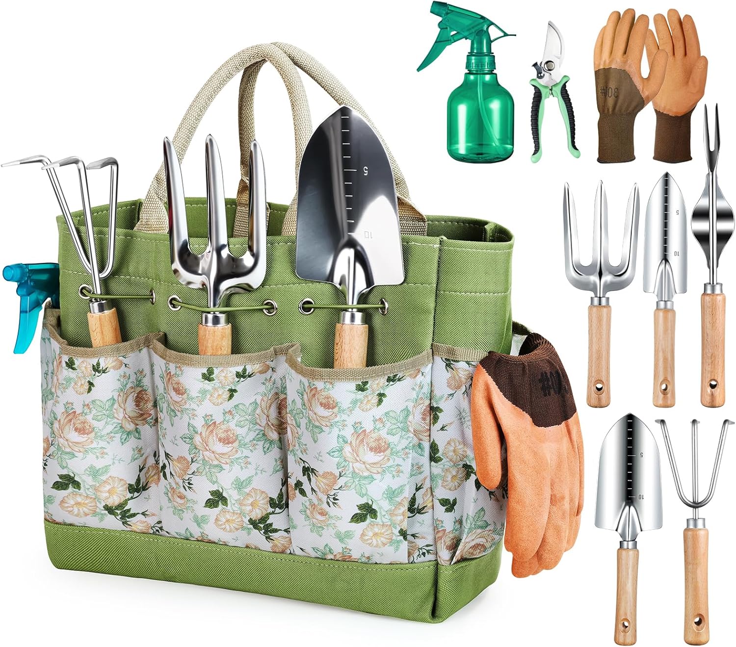 Floral pattern ergonomic gardening tool set with gloves.