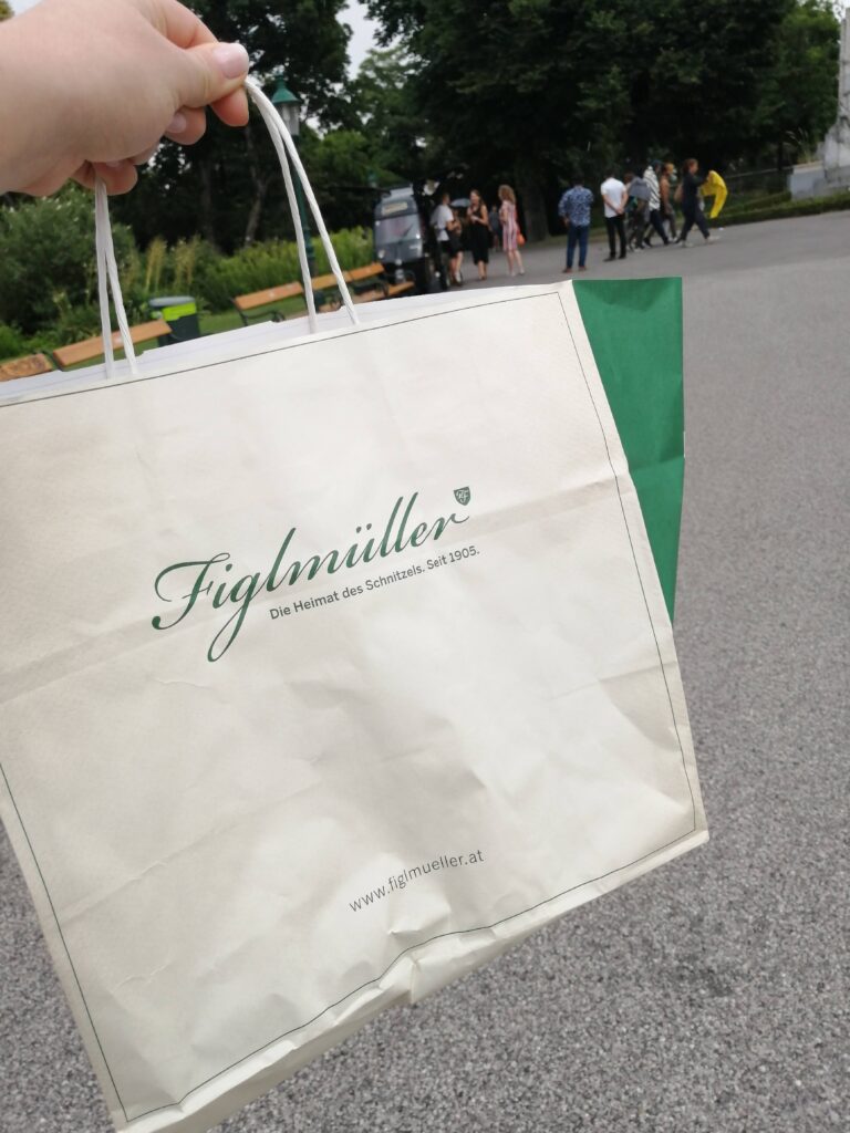 Figlmüller takeaway bag after dinner in Vienna