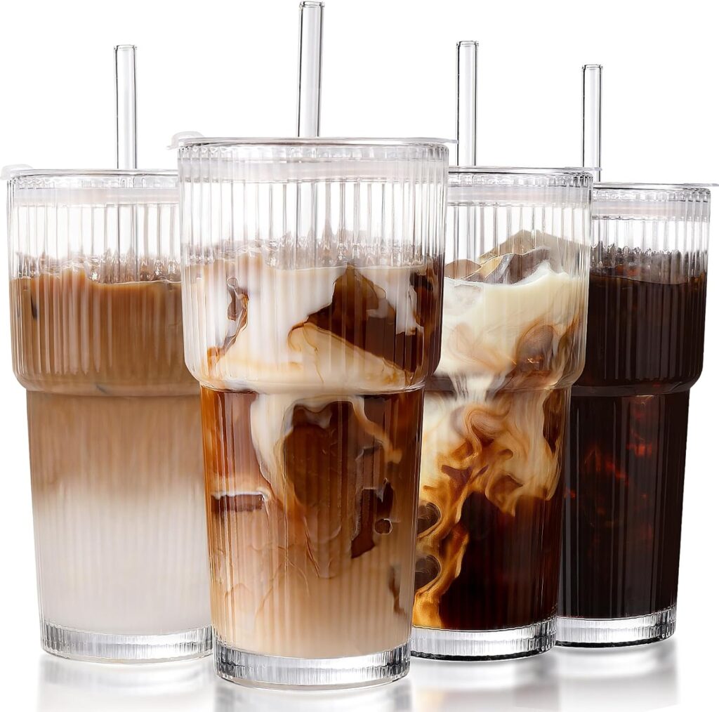 Iced coffee glasses with lids and reusable straws for homemade iced lattes coffee bar accessories