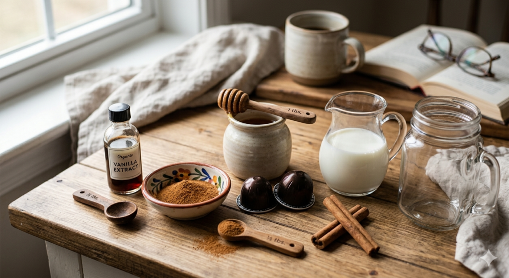 vanilla cinnamon latte ingredients flat lay