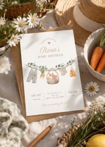 Cottage core baby shower printable invitation with eucalyptus garland, carrots and wicker basket — editable gender neutral design for Canva