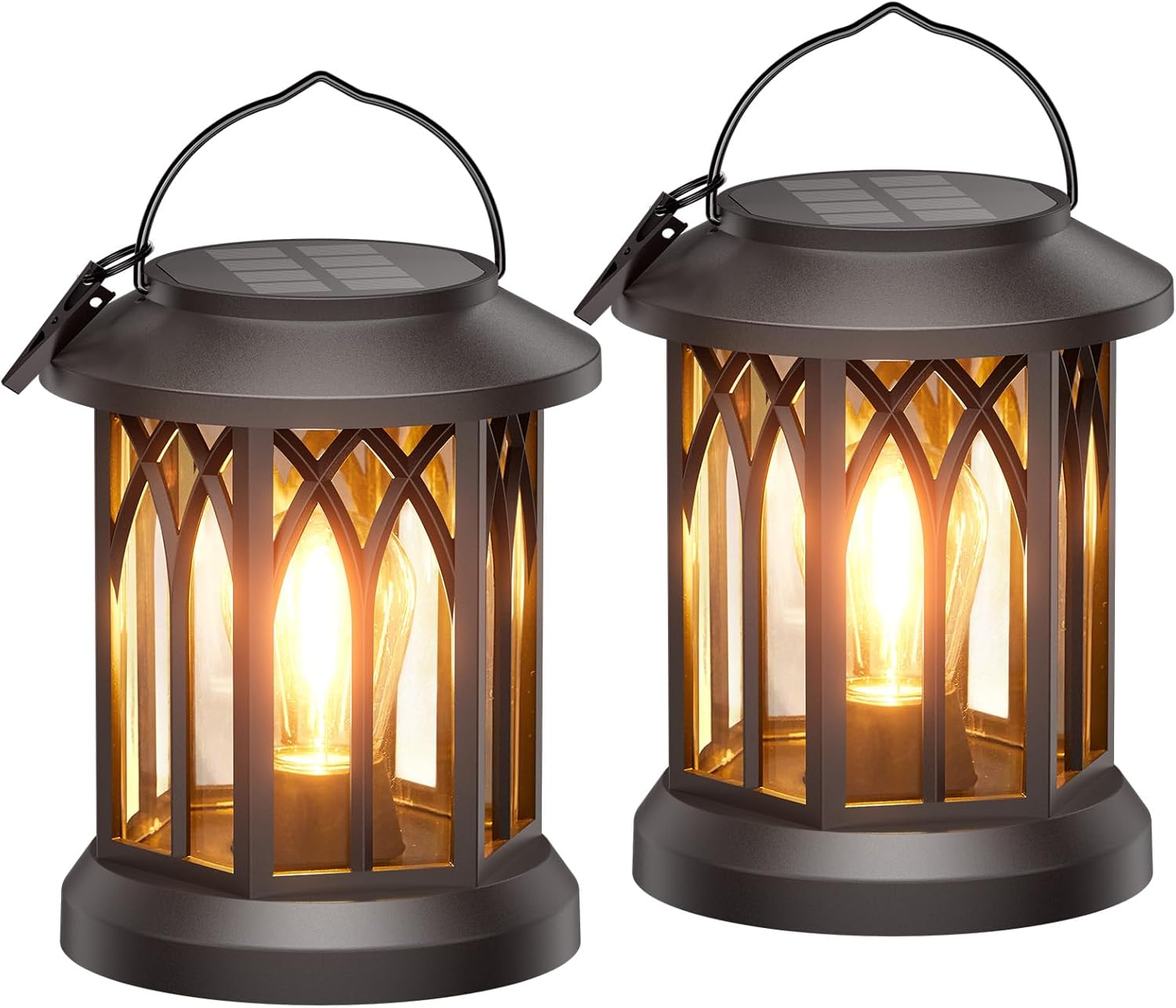 Decorative black outdoor LED lantern with a warm flickering candle.