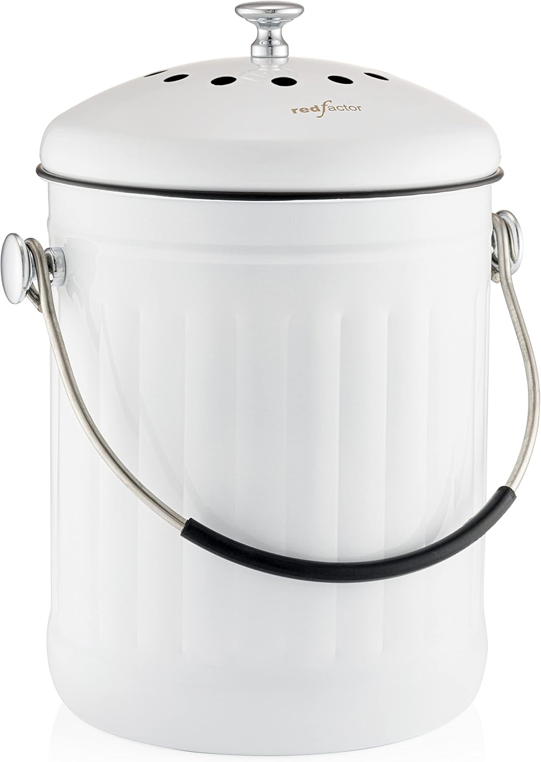 Countertop compost bin in cream white with a wooden lid.