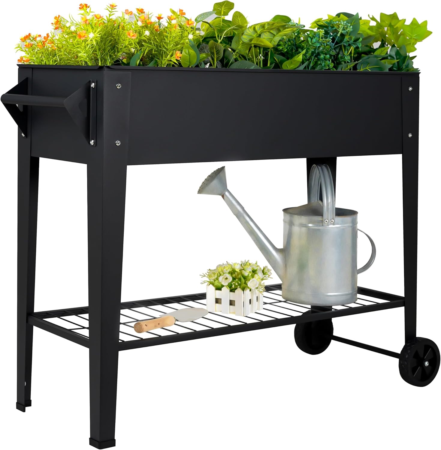 Black metal raised garden bed on wheels with fresh herbs and orange flowers.