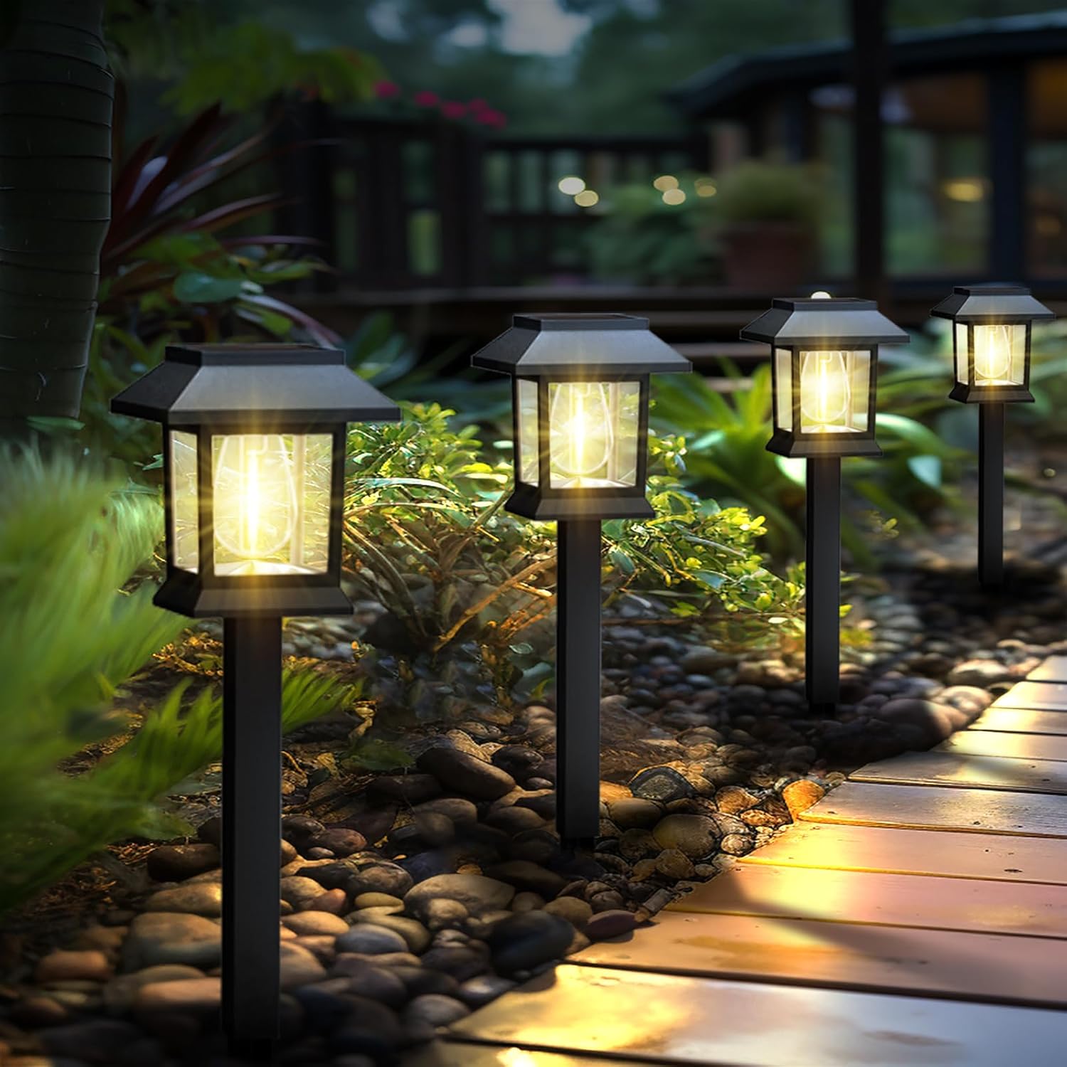 Stake-style solar pathway light illuminating a garden walkway.