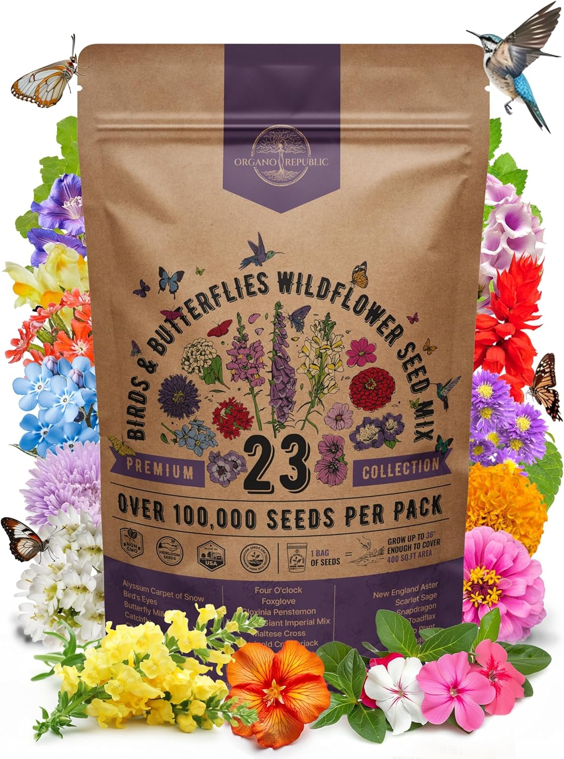 Wildflower seed seed packet with images of native bees and butterflies.