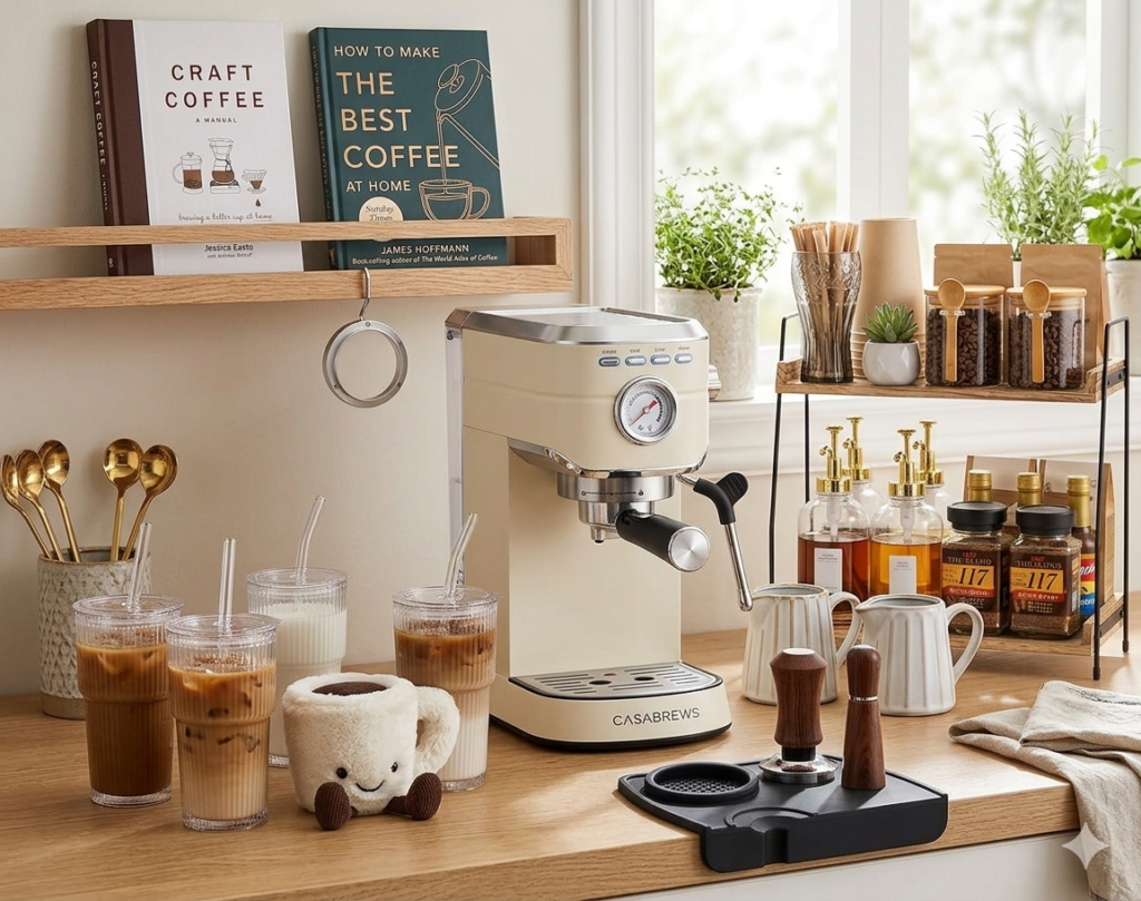 Coffee lover gift guide flatlay with espresso machine mugs books and coffee accessories