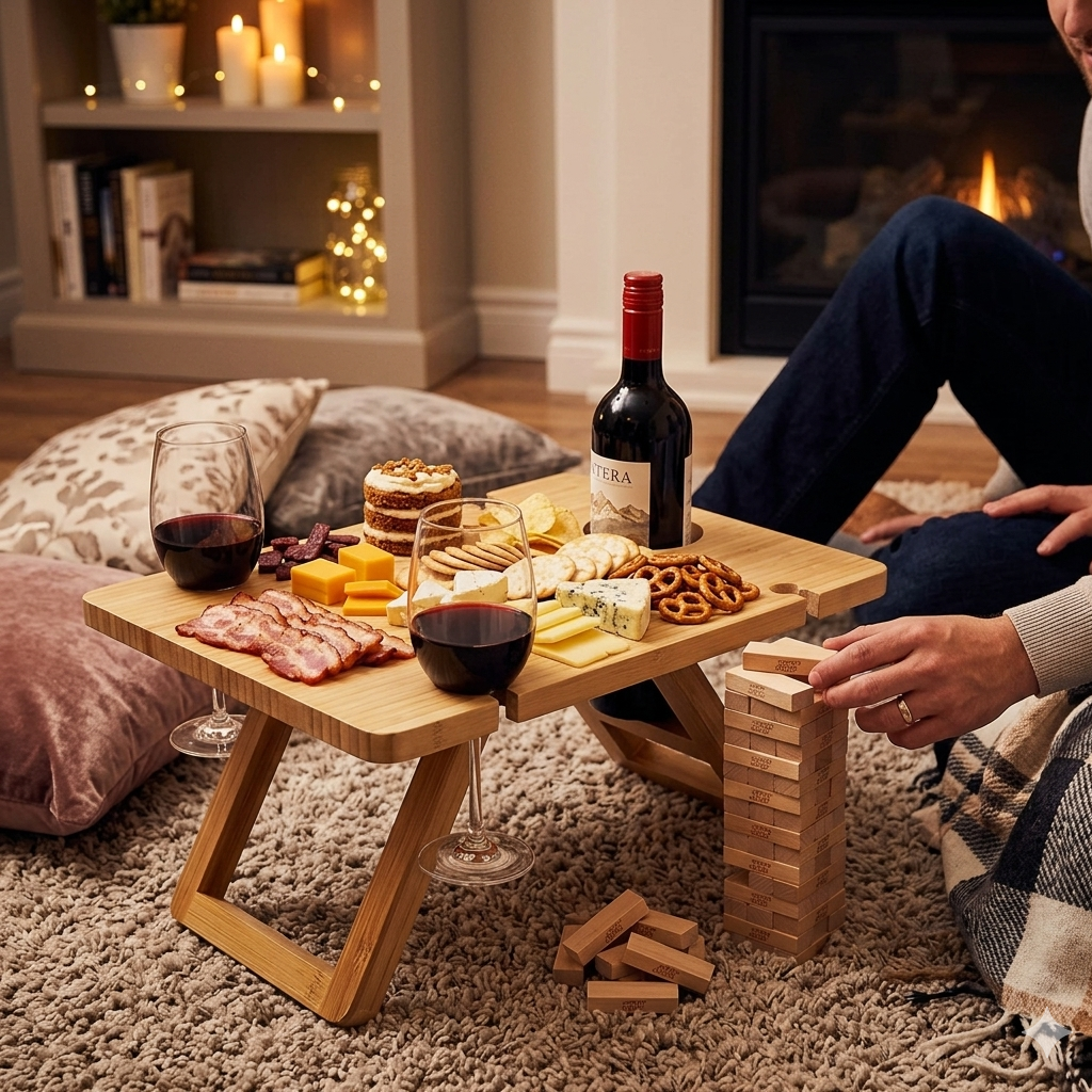 cute date ideas for couples — indoor picnic playing jenga