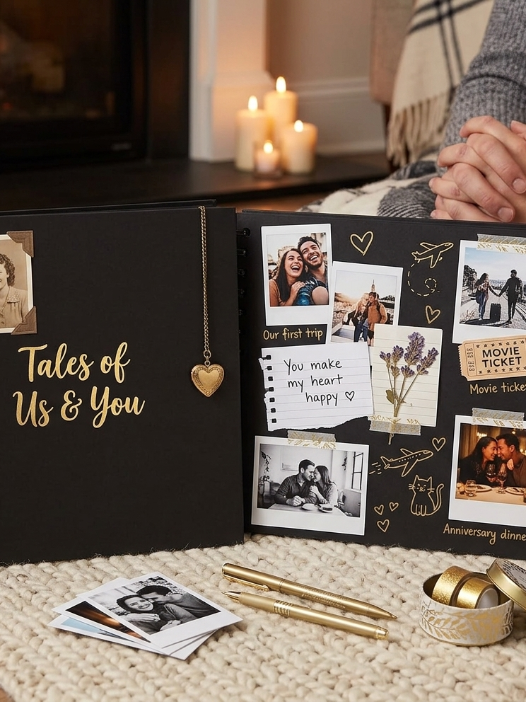 cute date ideas for couples — black scrapbook with pictures.
